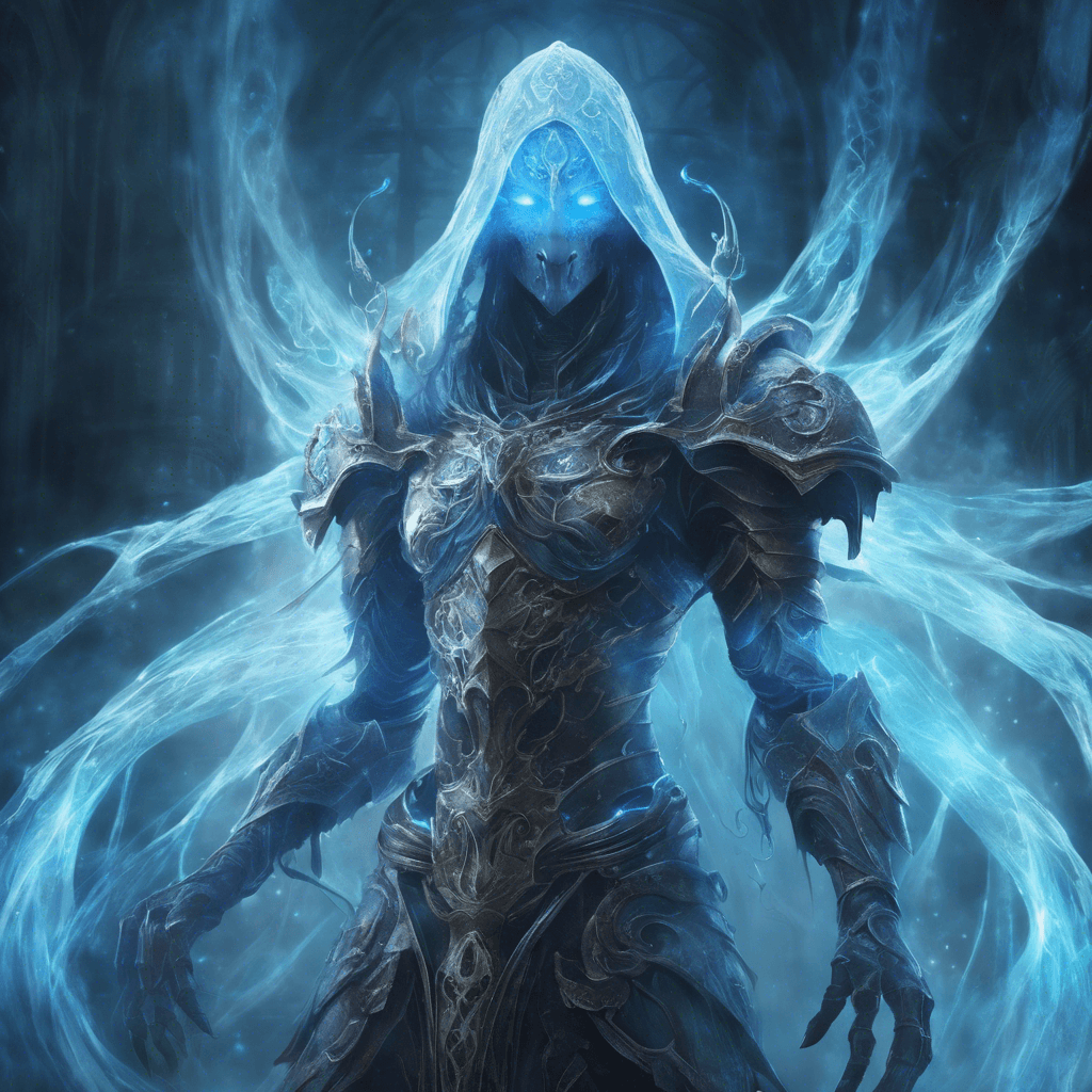 A towering specter clad in ancient, ethereal armor, its eyes glowing with an otherworldly blue light. Tendrils of ghostly mist swirl around its form.