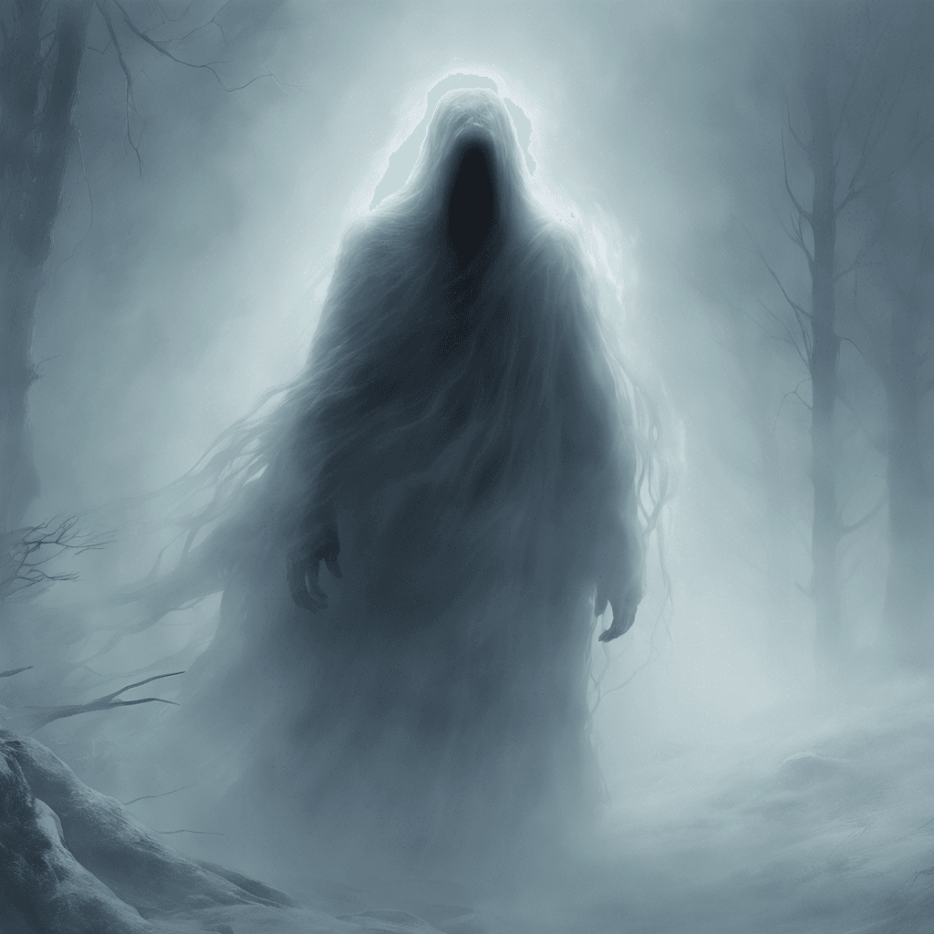 A ghostly figure shrouded in mist, its form shifting and undulating as it hovers towards Bjorn. Its eyes glow with a cold, eerie light, sending shivers down his spine.