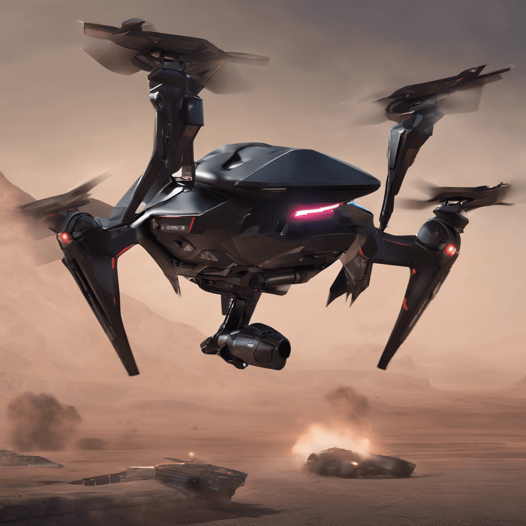 The Reaper AI is a highly advanced combat drone designed by 'The Black Circuit' to eliminate threats to their operations. It hovers ominously in the air, armed with lethal energy cannons and equipped with enhanced targeting systems. Its sleek metallic body emits a faint red glow, indicating its hostile intent.