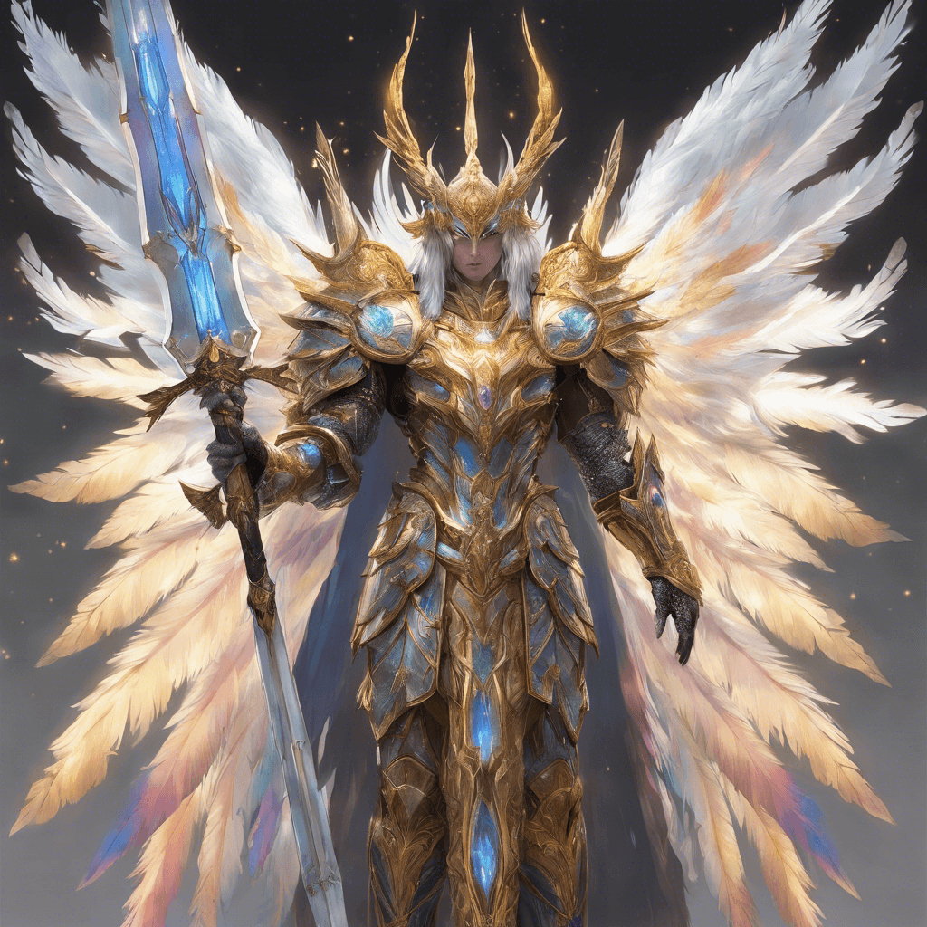 A towering celestial being, aglow with an intense, incandescent light. Its six broad wings are a shimmering tapestry of feathers, spanning the colors of a sunlit sky. Majestic armor, resplendent and seemingly forged from heavenly ore, adorns its lithe form. In its hand, a long, radiant sword pulses with divine power.