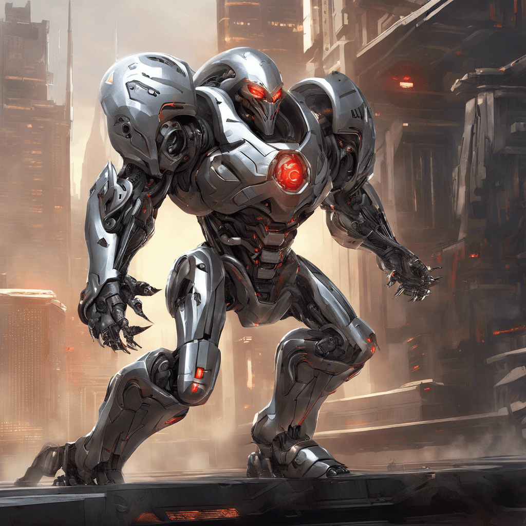 The Cybernetic Enforcer is a towering humanoid machine with sleek, silver armor plating and glowing red eyes. Its limbs are enhanced with cybernetic implants, allowing it to move with incredible speed and strength. On its back, a series of energy cannons are primed and ready to unleash devastating attacks. The sound of whirring gears and crackling electricity fills the air as it locks onto its target.