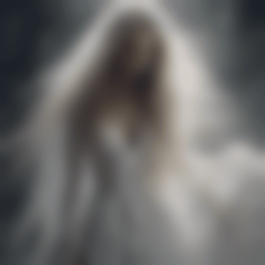 Faded and torn white bridal gown, glowing with an ethereal light, her eyes are hollow pits of despair, and her long, untamed hair flows like mist around her spectral form.