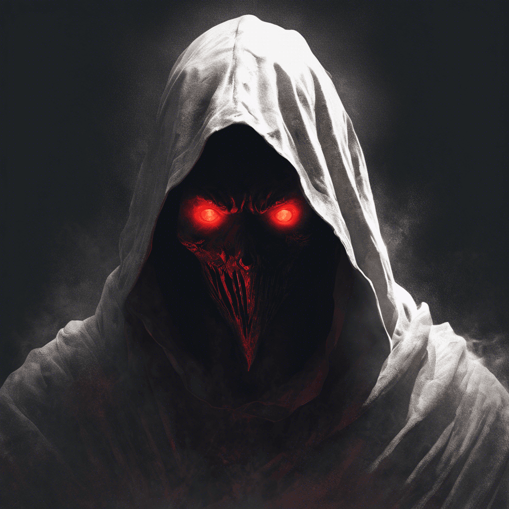 A ghastly apparition, draped in tattered robes, its face obscured by a hood, only glowing red eyes visible within the shadows cast by its hood.