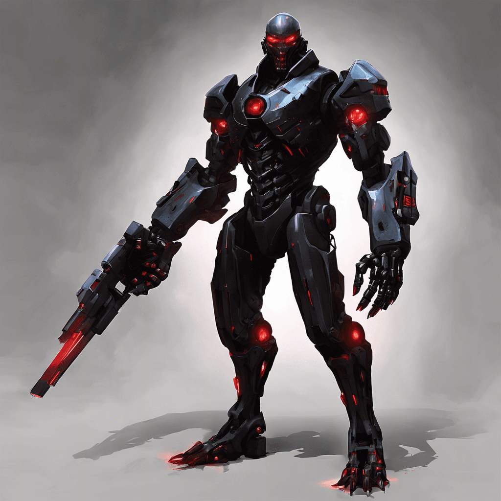 The Cybernetic Enforcer is a towering humanoid figure covered in sleek, black cybernetic armor. Glowing red eyes pierce through the darkness, and its mechanical limbs emit a faint hum. This ruthless enforcer is equipped with advanced weaponry and is programmed to eliminate threats to the system at all costs.