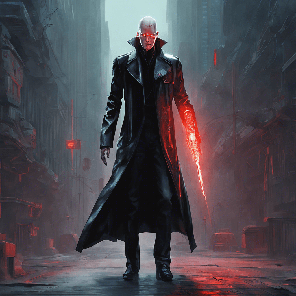 A towering figure clad in a black leather trench coat with glowing cybernetic implants peeking out. His left eye replaced with a red, scanning ocular prosthesis, he has a visible cybernetic arm that hums with hidden power.