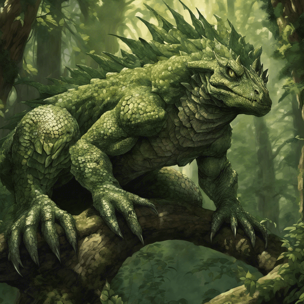 A towering reptilian creature with piercing green eyes, covered in thick, thorny scales that glisten with a venomous sheen under the dappled sunlight filtering through the forest canopy.