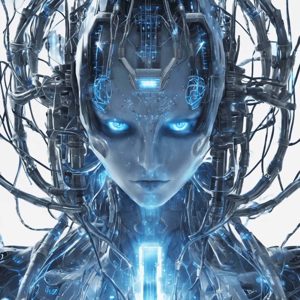 The Nexus Cypher is a cybernetic entity cloaked in shifting digital code, its glowing blue eyes scanning the surroundings for any threats. Wires and cables protrude from its body, connecting it to the network of Neo-Tyoko. Its presence evokes a sense of unease, as if it can manipulate reality itself.