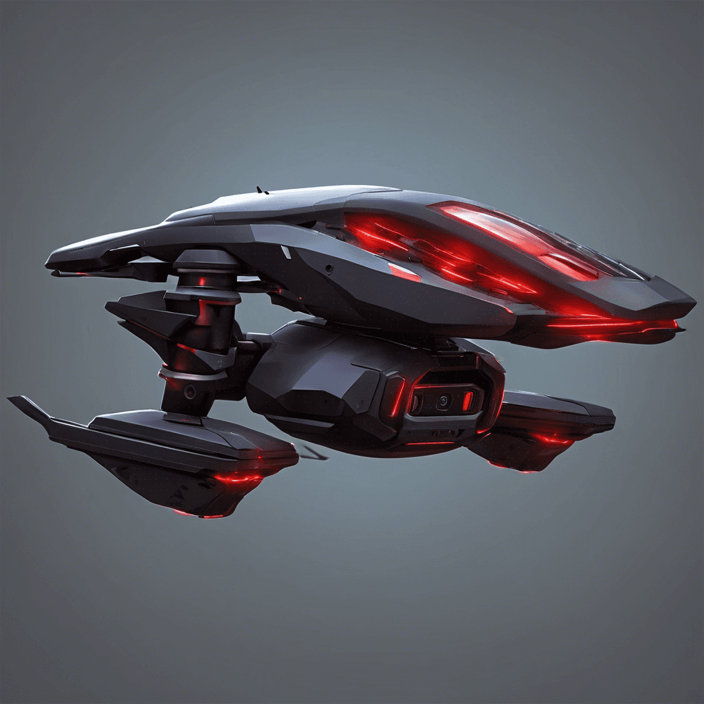 A hovering drone equipped with an array of spy tech and weaponry, designed with a sleek, dark metallic body and ominous red scanning lights.