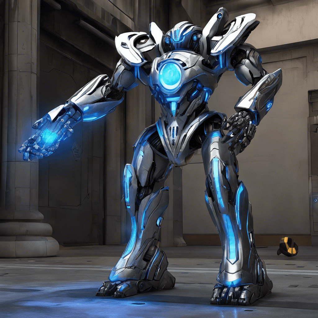 The Chrono Sentinel is a futuristic robotic guardian, standing tall and imposing with sleek silver armor adorned with pulsating blue energy lines. Its eyes glow with a cold, calculating intelligence as it scans its surroundings, ready to defend its designated time period.