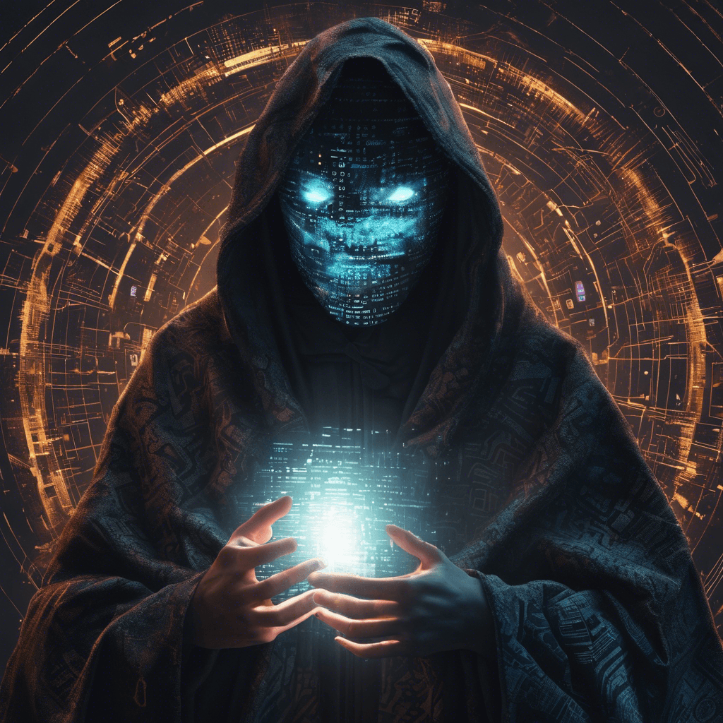 A shadowy figure with flickering holographic limbs, wrapped in tattered cloak of digital patterns. Its face obscured by a glowing mask showing shifting code, radiating ominous energy.