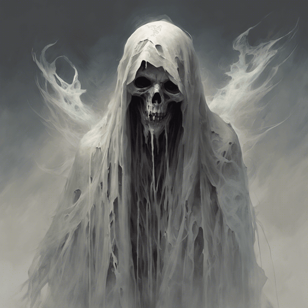 A ghastly apparition, shrouded in tattered robes that flutter as though caught in a perpetual breeze. Its eyes are deep, empty sockets, and a mournful wail escapes its translucent form, sending chills down the spine.