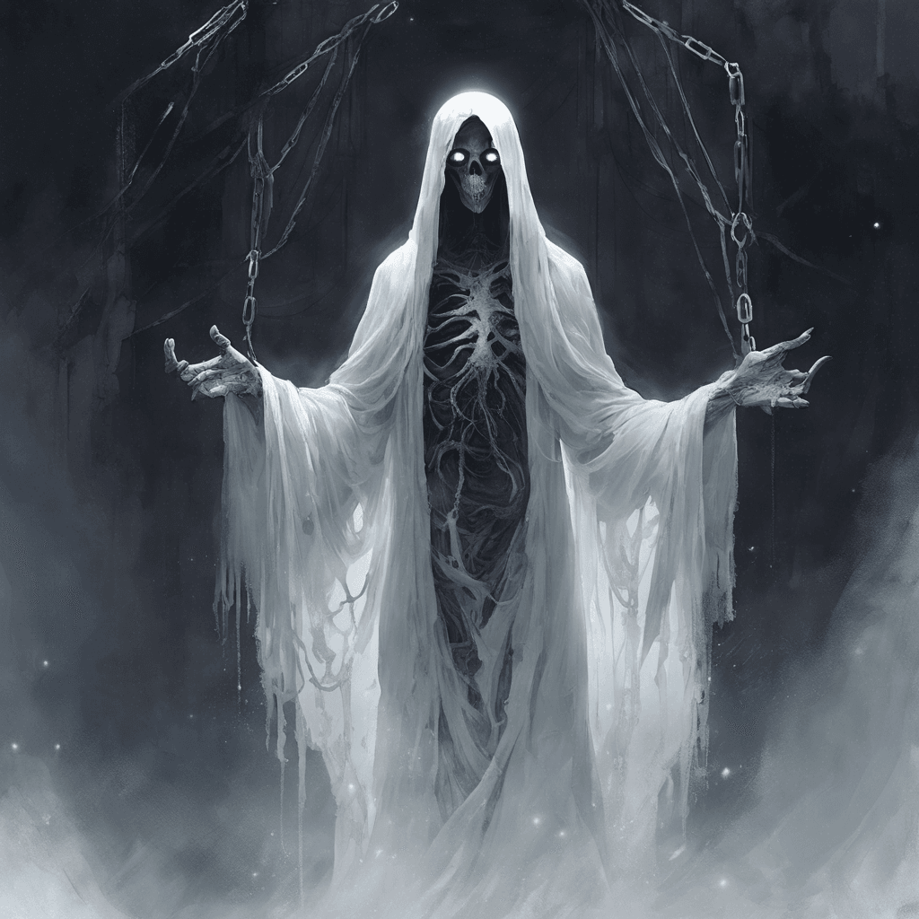 A ghostly figure shrouded in tattered robes, its eyes glowing with a nefarious light. Ethereal chains clank softly as it moves, and its touch seems to drain the very life from the living.