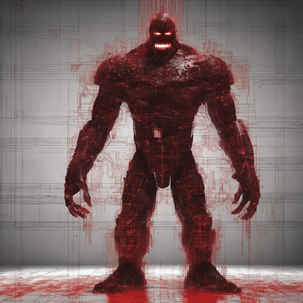 A gargantuan amalgamation of coding errors and vicious malware, the Trojan Behemoth glows with a sinister red aura, its towering frame stitched together with rogue data streams and corrupted software patches. The construct moves with a glitchy and erratic pattern, leaving traces of corrupted data in its wake, making the air crackle with virulent energy.