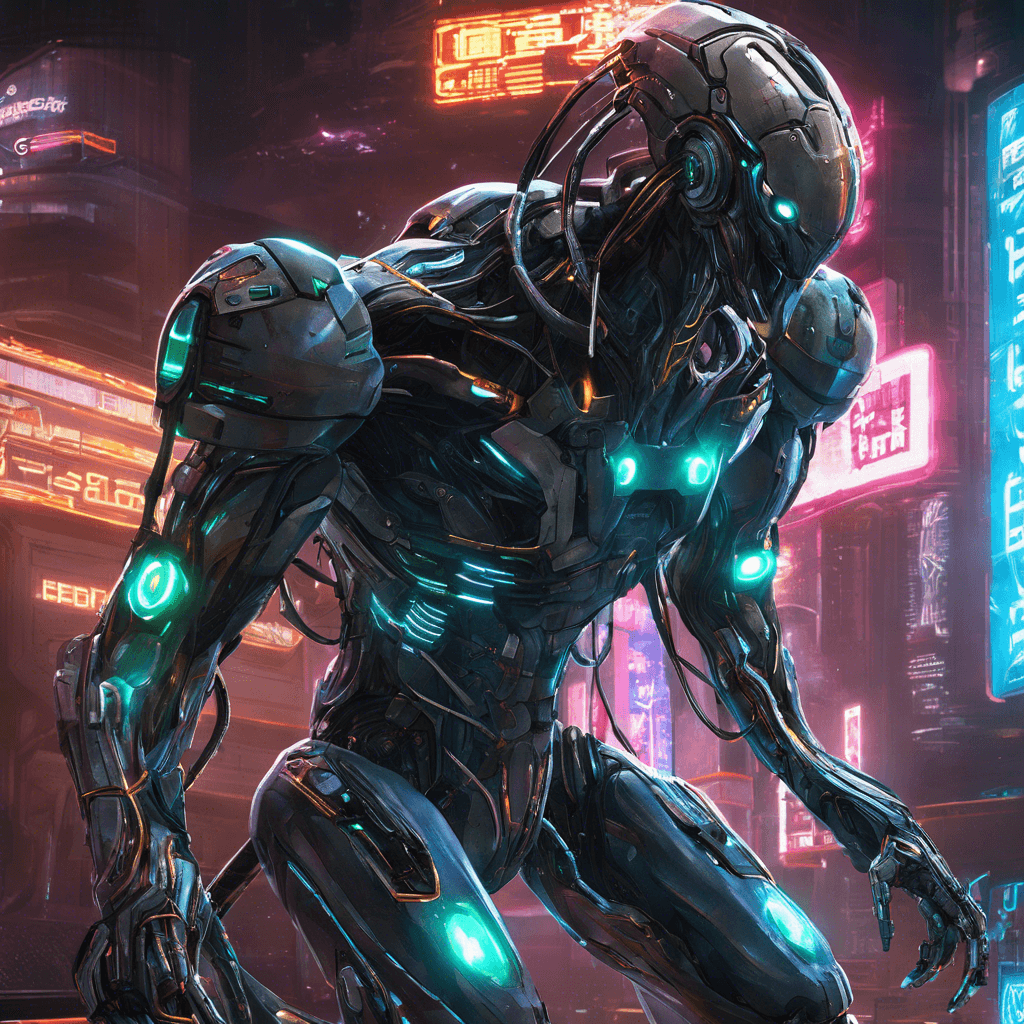 The Cyber Sentinel is a heavily augmented humanoid figure, towering over the players with an imposing presence. Its cybernetic enhancements gleam in the neon lights of Nova Arc, and its eyes glow with a cold, mechanical light. Wires and cables snake across its body like veins, connecting various implants and weapons integrated into its system.