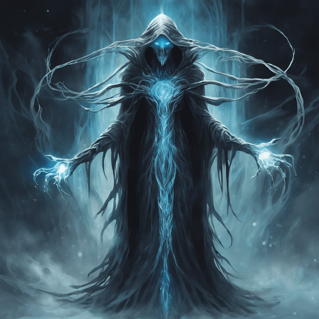 The Void Wraith appears as a shimmering, ethereal being with tendrils of darkness extending from its form. Its eyes glow with a malevolent light, and it exudes an icy chill that freezes everything around it.