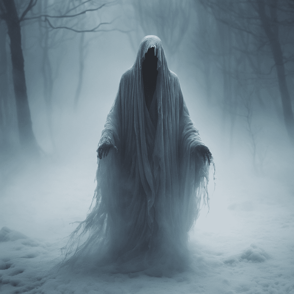 A ghostly figure wrapped in tattered robes, its face obscured by mist. Emanating an icy chill, its presence sends shivers down your spine.