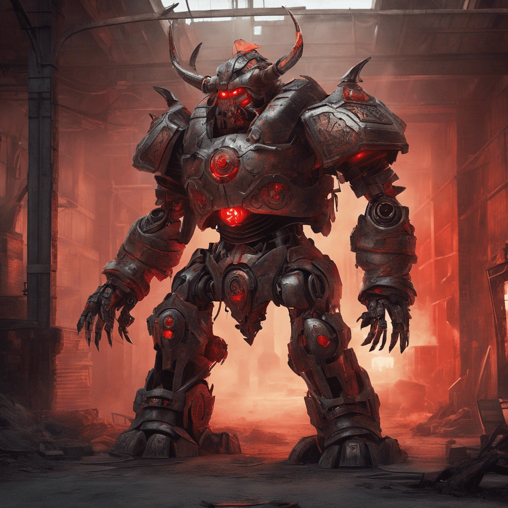 The Mechanical Berserker is a towering humanoid robot covered in Viking-inspired armor, wielding a massive hammer crackling with energy. Its eyes glow with a fierce red light, and its movements are swift and precise, betraying its advanced technology. The air around it hums with power, and the ground trembles with each step.