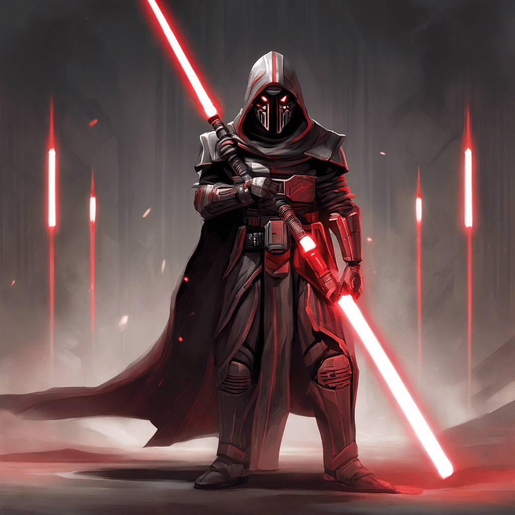 The Revanite Overseer is an imposing figure clad in Revan-inspired battle armor complete with a fearsome full mask. The mask's eye slits glow with a sinister red light, matching the crimson accents on its dark, metallic-grey armor. It wields a long, dark lightsaber that crackles with dark energy, and an aura of dark side power surrounds it, making the air thick with malice.