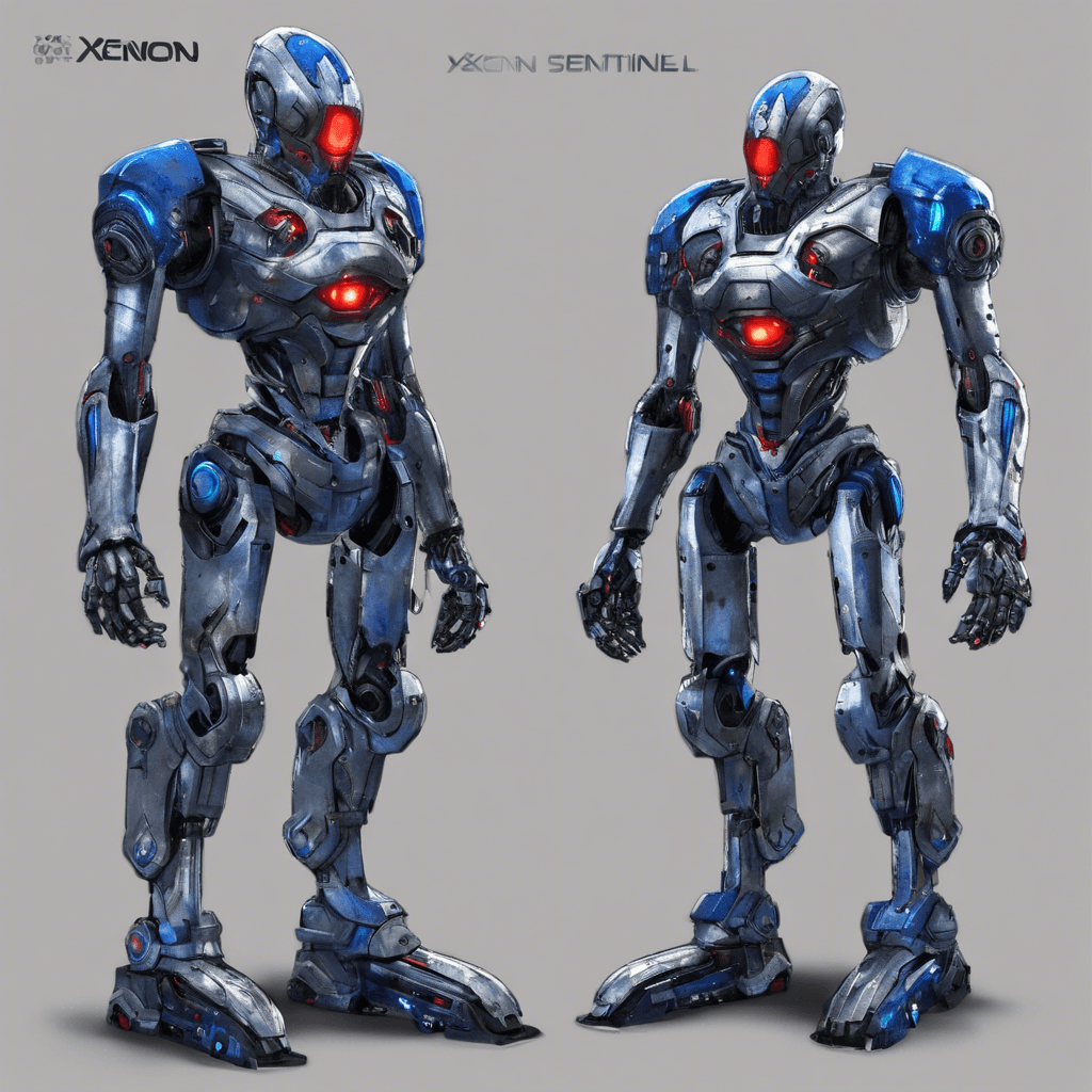 The Xenon Sentinel is a towering robotic entity, covered in sleek, silver armor adorned with glowing blue circuitry. Its piercing red eyes scan the area for intruders, while its powerful mechanical limbs crackle with energy, ready to unleash devastating attacks.