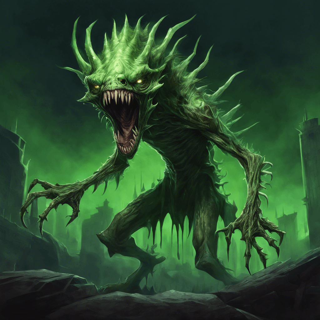 A grotesque, towering creature with elongated limbs, each finger is tipped with razor-sharp claws that seem to vibrate with a supernatural energy. Its wide, menacing grin reveals rows of sharp teeth, and its eyes glow with a malevolent green light.