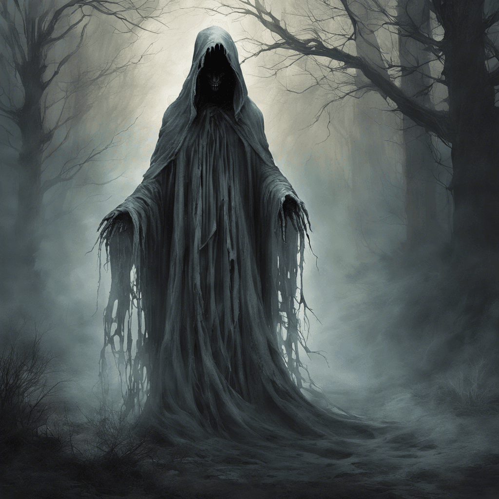 The Wraith of Whispering Hollow is a spectral figure draped in tattered robes, its ethereal form flickering in and out of existence. Its eyes glow with an otherworldly light, and a chilling aura of cold surrounds it, making the air frosty and still.