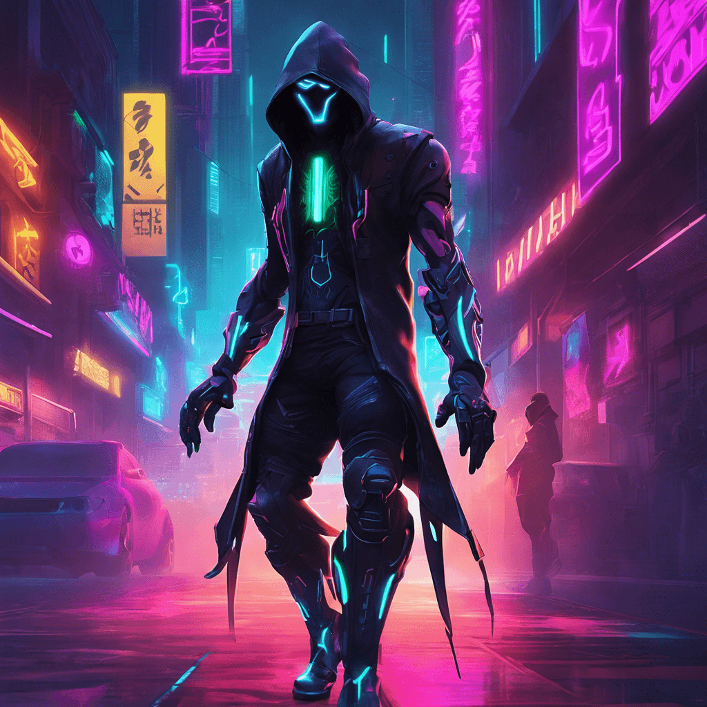 The Neon Shadow Assassin is a cybernetically enhanced humanoid figure cloaked in shifting shadows and neon lights. Its sleek, augmented body moves with unnatural agility, blending seamlessly into the neon-lit surroundings of Neon City.