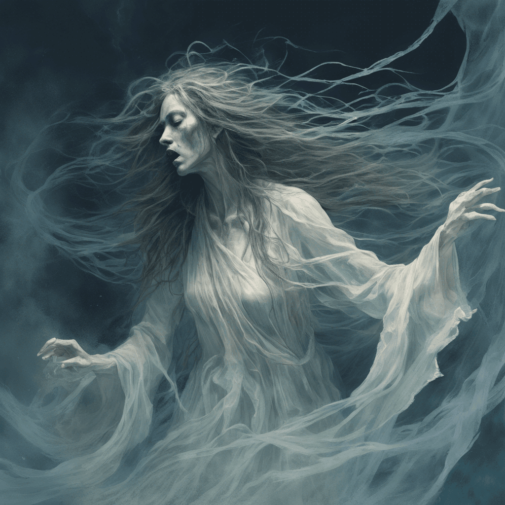 A translucent apparition with tattered robes flowing as if underwater. Her long, unkempt hair billows around a face twisted in an eternal scream.