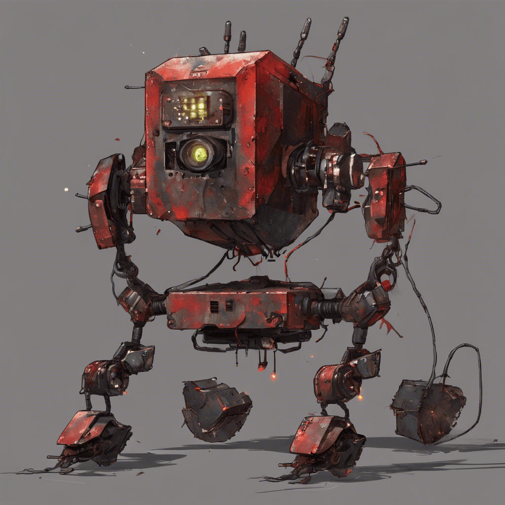 A Scavenger Bot, replete with scuffed and rusted metal plates, jagged edges and loose wires hanging from its frame. Its singular red optical sensor flickers and scans aggressively, while sharp appendages, designed for scrapping metal, twitch in anticipation of its next victim.