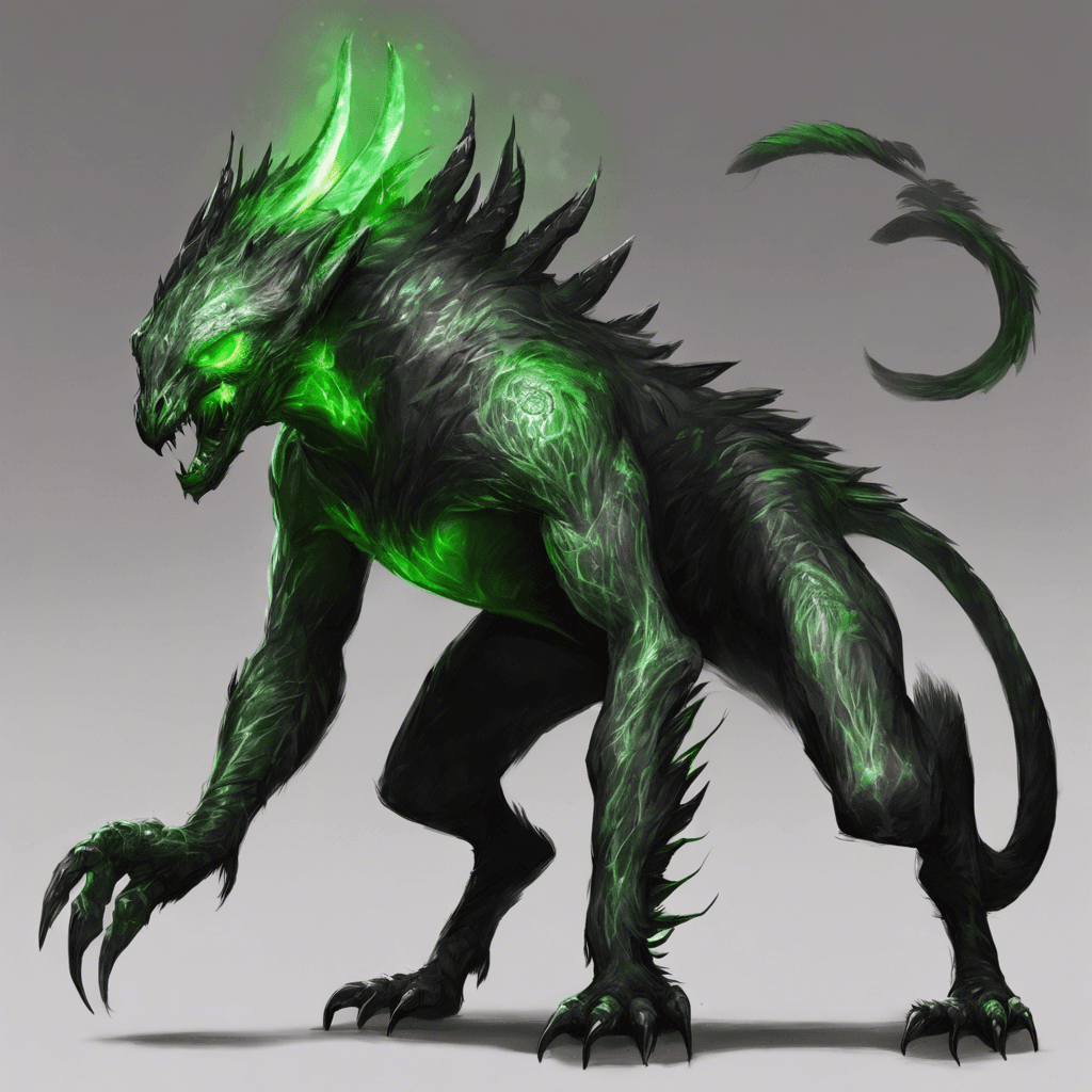 A lithe creature with charcoal fur, eyes glowing green, and elongated claws capable of slicing through the toughest armor.