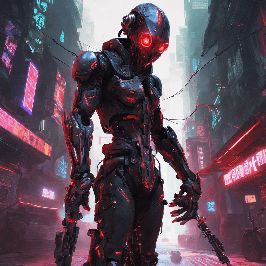 The NetRipper is a cybernetic assassin shrouded in darkness, its glowing red cybernetic eyes piercing through the neon-lit streets of Cyber District 77. Its body is adorned with sharp metal implants and digital camouflage, blending seamlessly with the digital landscape.