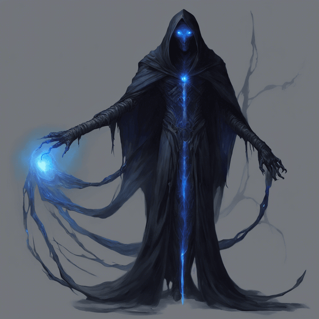 The Voidwalker is a shadowy figure, cloaked in darkness, with glowing blue eyes that pierce through the darkness of space. Its body is thin and elongated, almost ethereal in nature, making it difficult to pinpoint its exact form. It moves swiftly and silently, leaving a trail of darkness in its wake.