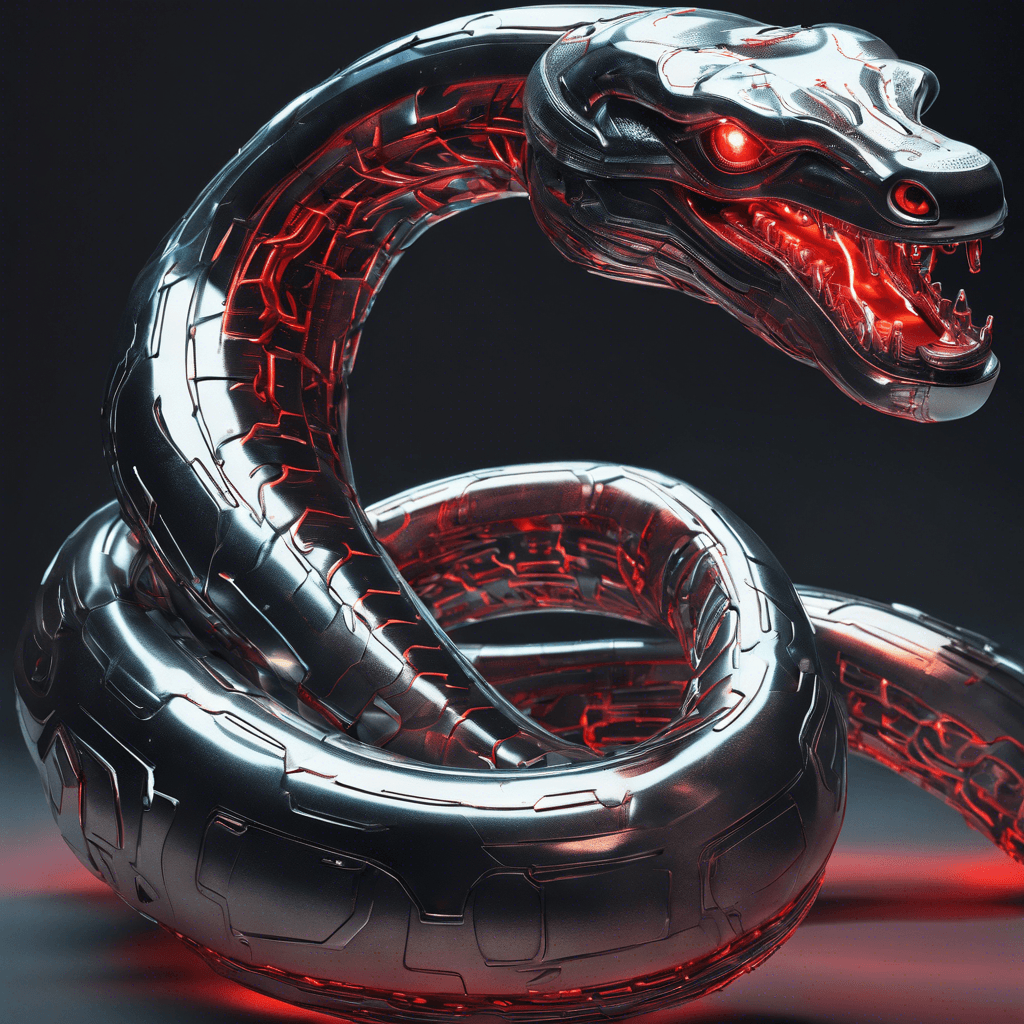 A sleek and majestic cybernetic serpent, its body composed of shining metal with glowing circuit patterns running along its length. Its eyes are bright red, scanning its surroundings with precision.