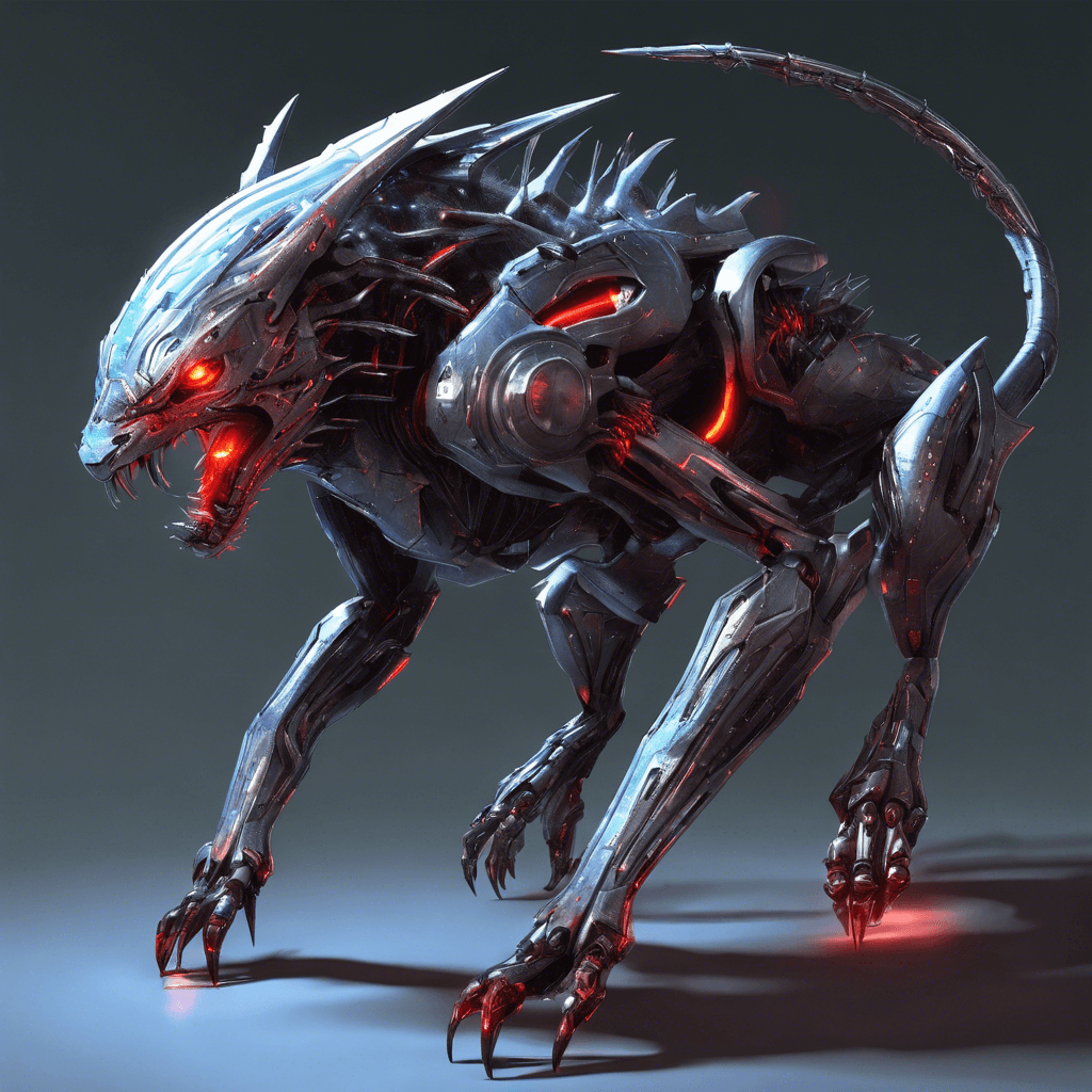 A fearsome creature with the lithe body of a predatory feline, enhanced with cybernetic implants. It has shimmering, metallic claws and glowing cybernetic eyes that emit a piercing red light.