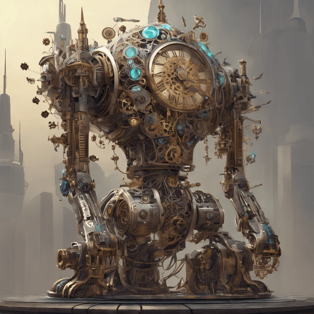 A towering automaton with an array of built-in weaponry, flickering with temporal energy. Its metallic body is adorned with clocks and gears, some moving forward while others reverse.