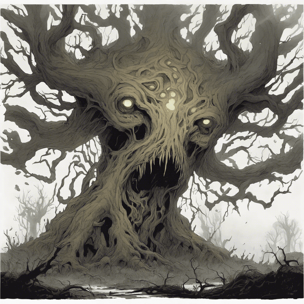 A colossal tree-like creature with eerie, luminescent fungi sprouting from its bark. Twisted branches form claw-like appendages, and hollows in the trunk resemble a twisted, tormented face.