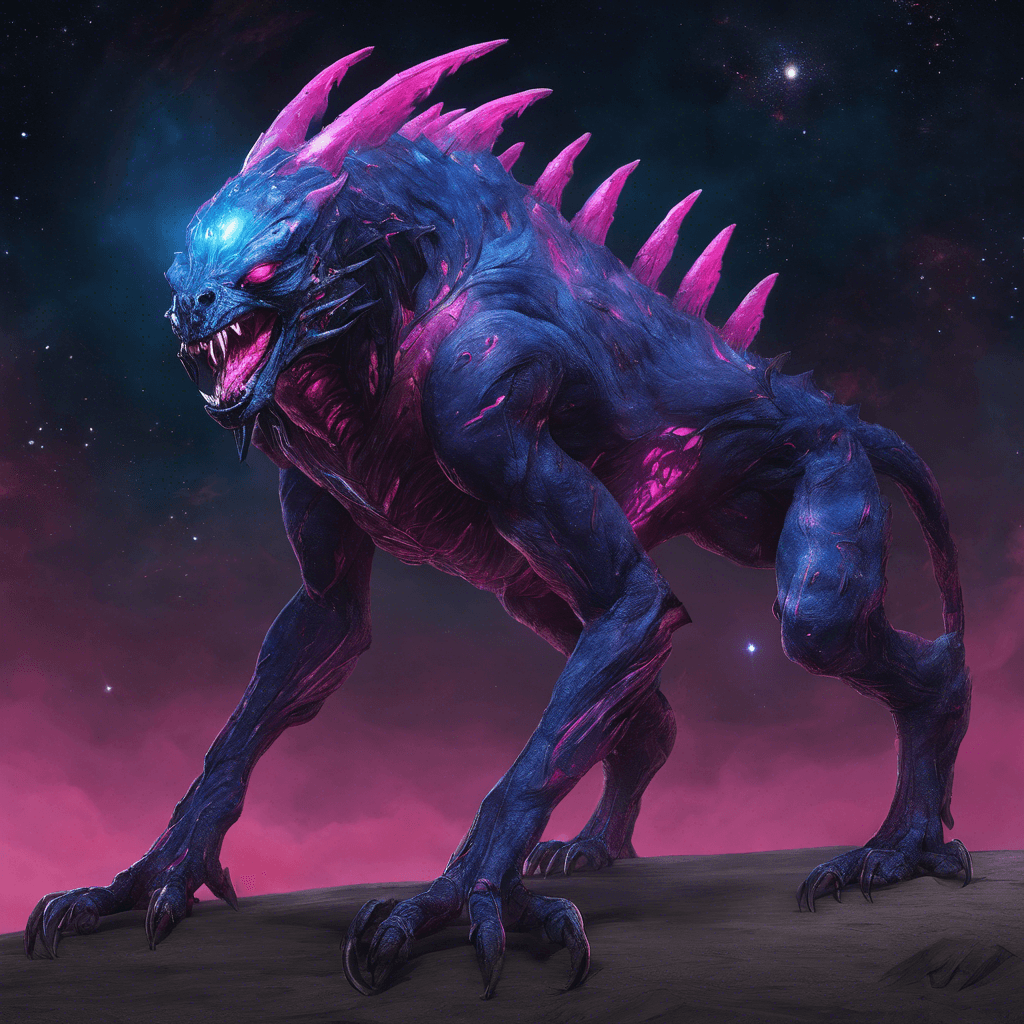 The Zyglon Beast stands at eight feet tall with scales that shimmer between hues of deep space blue and nebula pink. It has three glowing eyes in a vertical line down the center of its face, and its mouth is full of razor-sharp teeth that seem to crackle with raw cosmic energy. It moves on four powerful legs, each tipped with claws that could tear through starship hulls, and its thick tail whips back and forth with the force of a comet.