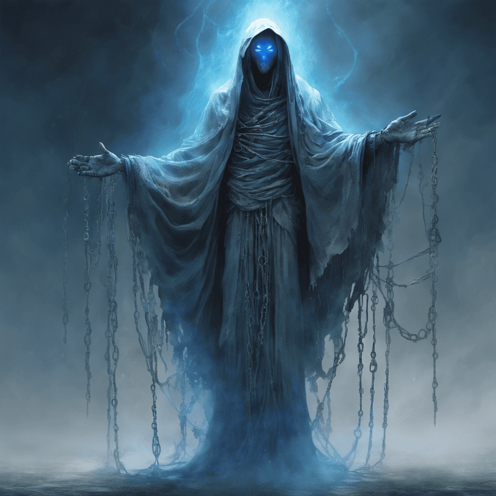 A towering figure clad in tattered robes, emanating a ghostly blue light. Its eyes are hollow yet piercing, with ethereal chains wrapped around its arms, trailing off into mist.