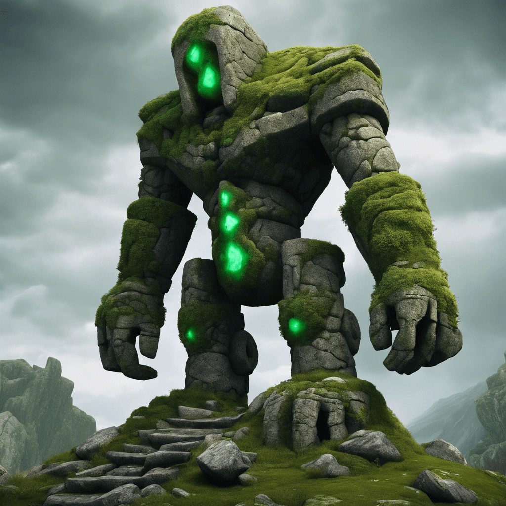 A towering elemental golem carved from granite and bedrock. It has glowing emerald eyes and runes pulsating with earth magic. It moves with heavy, thunderous steps, and its limbs are adorned with moss and lichen.