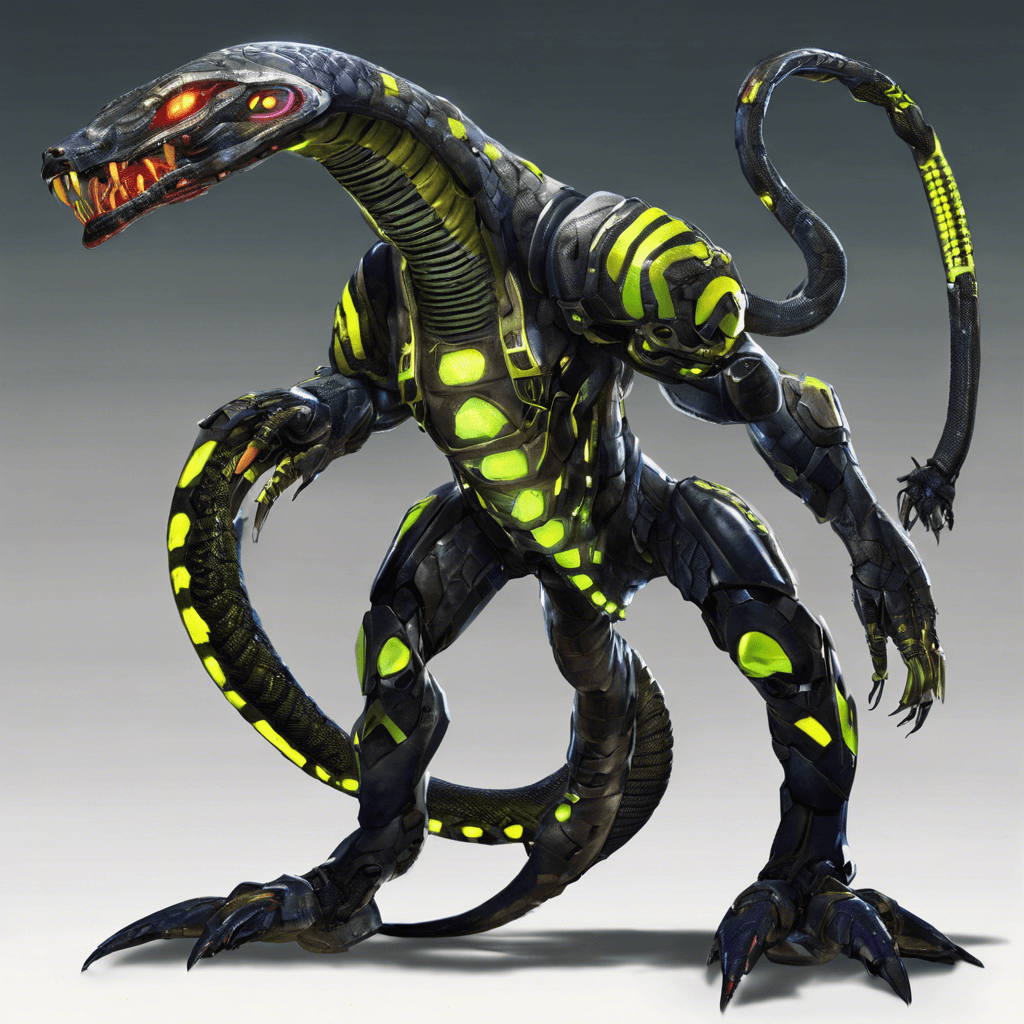 The Cyber Serpent is a sleek, snake-like cyborg creature with glowing neon scales and razor-sharp metal fangs. Its body is a mix of advanced cybernetic components and bio-engineered enhancements, making it a formidable foe in the dark alleys of New Genesis.