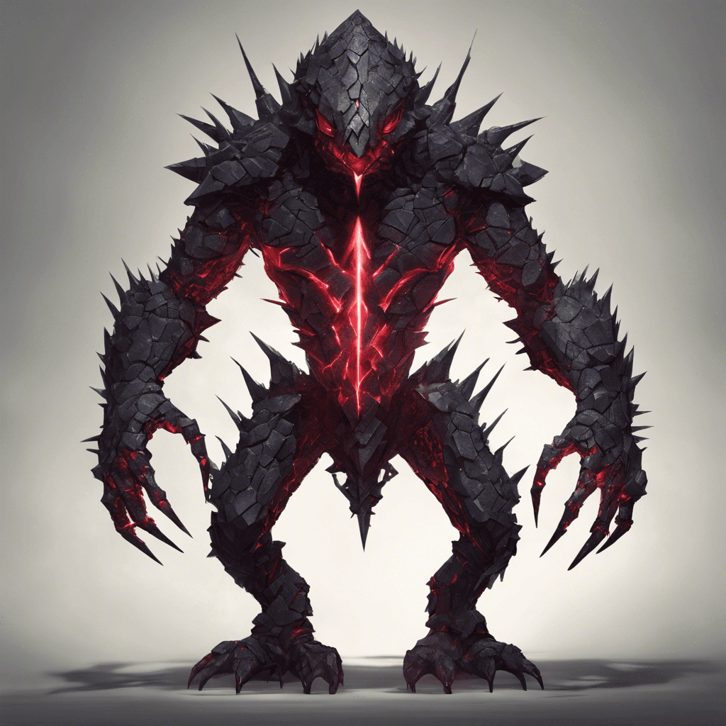 A creature made of dark, jagged stones, with glowing crimson runes etched across its body. It walks on two legs, has two heavy arms, and a head resembling a reptilian creature with shards of crystals jutting out like spikes.