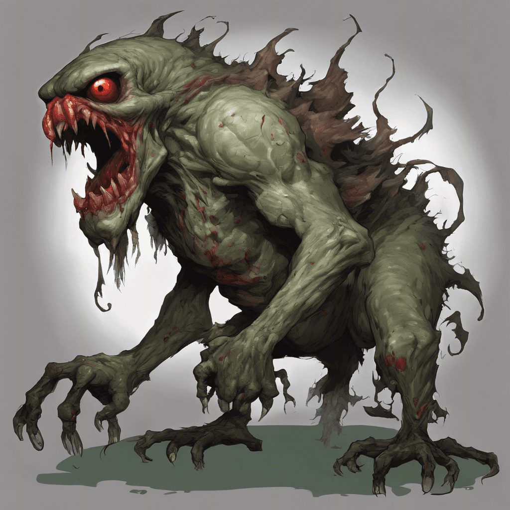 A towering, grotesque creature with lumpy grayish-green skin, covered in patches of dark, wiry hair. It has two beady red eyes that glisten menacingly above a squashed, wart-ridden nose. Its large mouth is filled with jagged teeth, and its hulking form is both muscular and slightly hunched, with long, gangly arms that end in thick, clawed fingers.