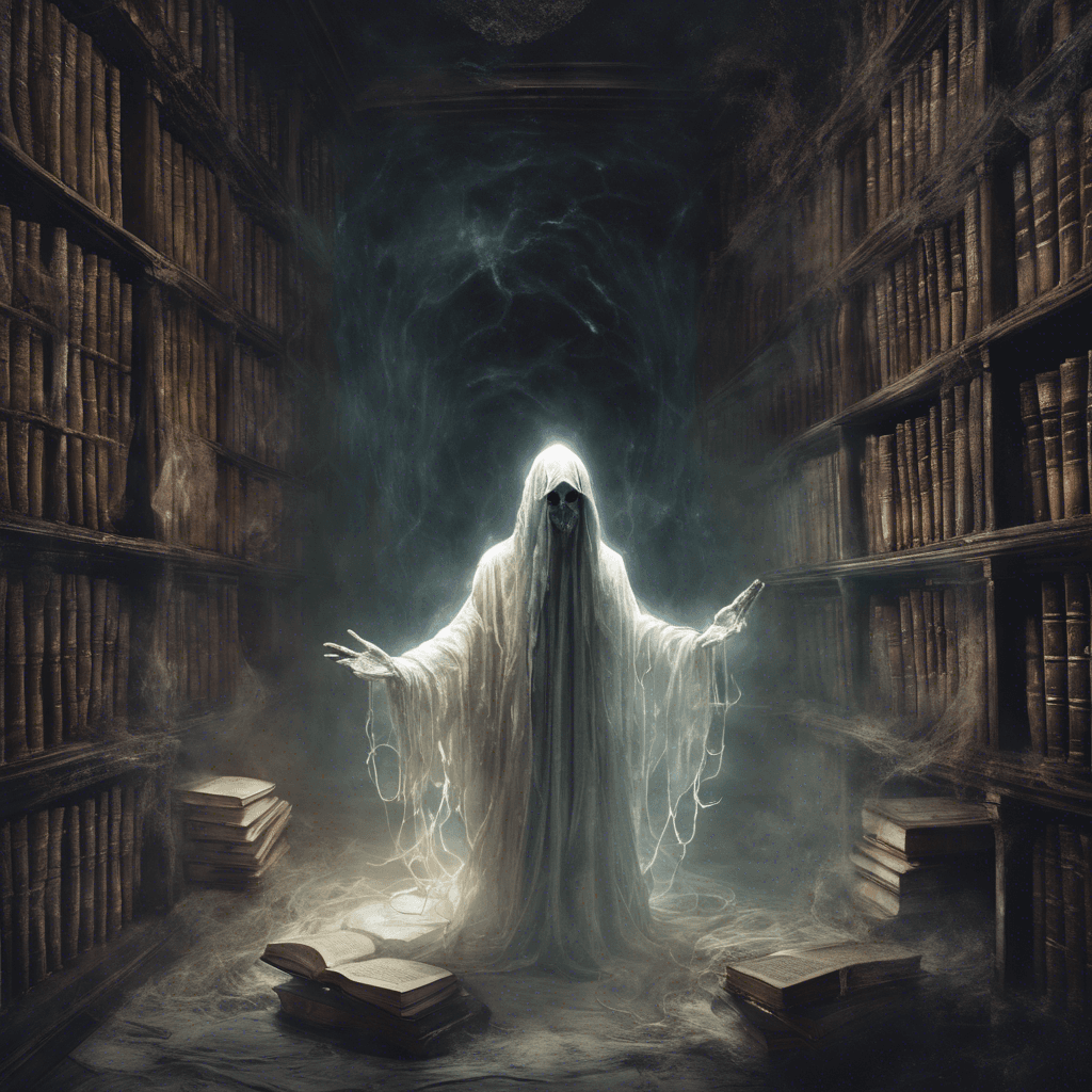 A spectral figure floats before a wall of ancient books, its body ethereal and semi-transparent, wearing tattered robes that seem to blend into the dusty air. Its eyes are hollow pits of darkness, and spectral chains rattle as it motions with ghostly fingers, beckoning to the forbidden knowledge it hoards.