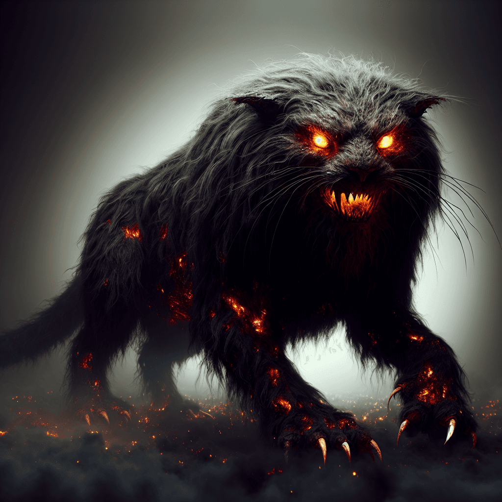 A large feline entity with dark matted fur, eyes burn like embers, and elongated fangs and claws that glow with an otherworldly malevolence.