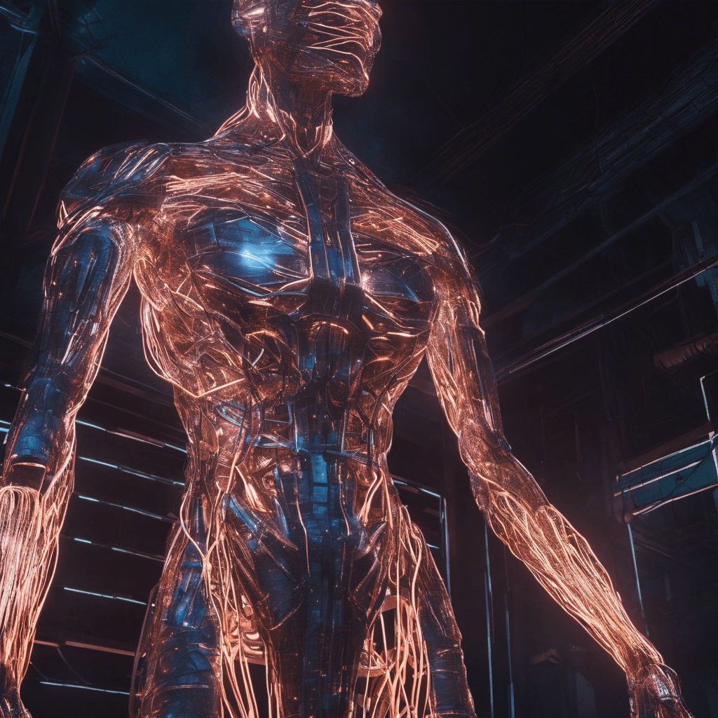 A towering humanoid figure, its body a patchwork of metal and pulsating data cables. Neon veins illuminate its form from within, casting a sinister glow from its digital eyes.