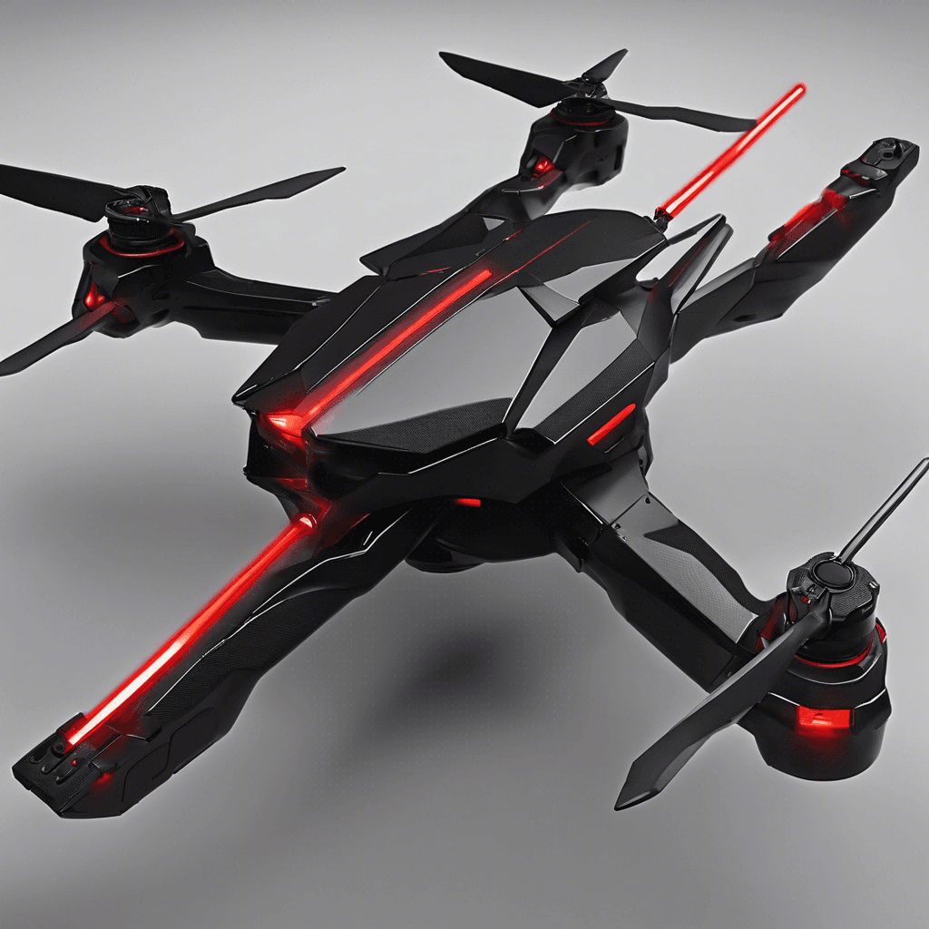 A hovering menace, this drone has a sleek and angular design with a dark carbon-fiber body. It flashes red warning lights and has mounted energy weapons on its underbelly.