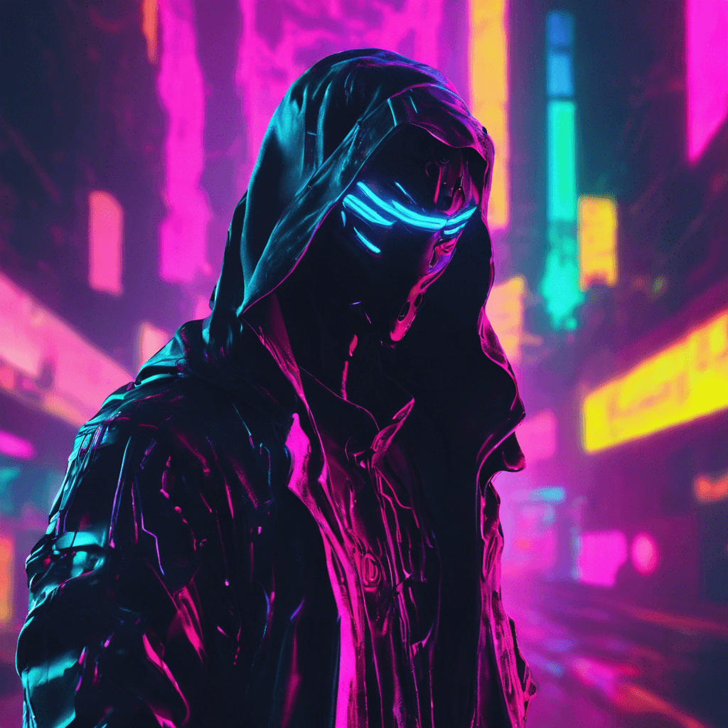 The Neon Shadow is a sleek, humanoid figure cloaked in a digital shroud of shifting neon colors. Its form seems to flicker and glitch, making it difficult to track its movements. Sharp, glowing eyes pierce through the darkness, scanning for any sign of intrusion.