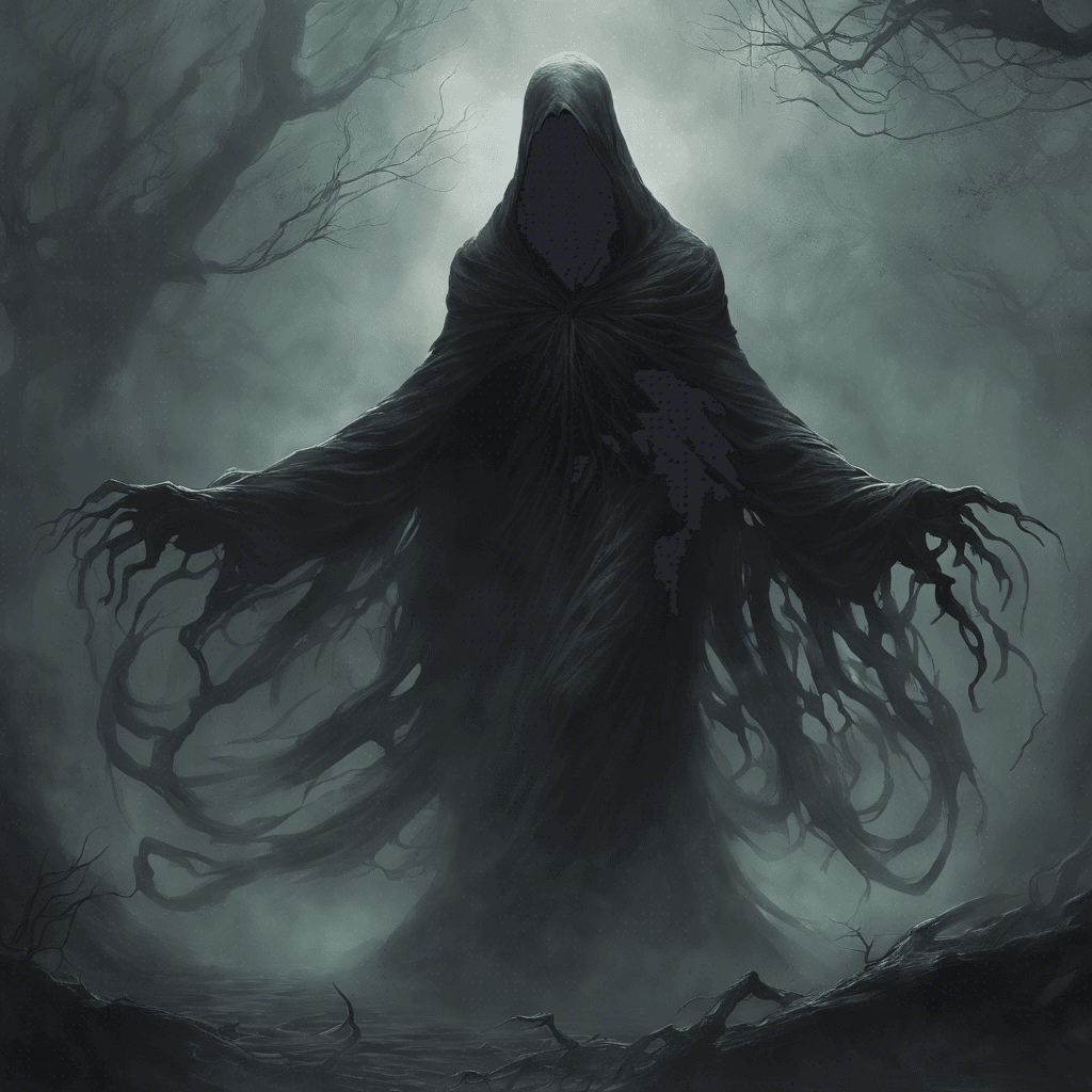 A swirling mass of dark mist, the Shadow Wraith moves with eerie silence. Its form is vaguely humanoid, its featureless face occasionally twisting into what resembles a scream. Ethereal tendrils reach out from its body as if seeking something to grasp.