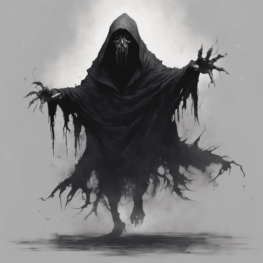 A wraith-like creature with tattered robes floating above the ground, face obscured by a dark hood, and fingers ending in ethereal claws.