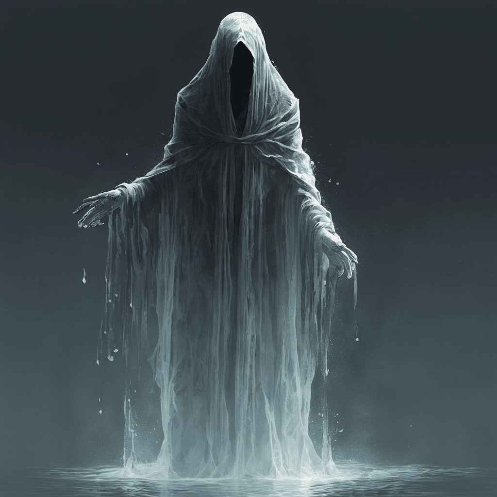 A translucent figure, cloaked in tattered robes that drift as if submerged in water. Its eyes are empty black voids that seem to absorb the light around them.