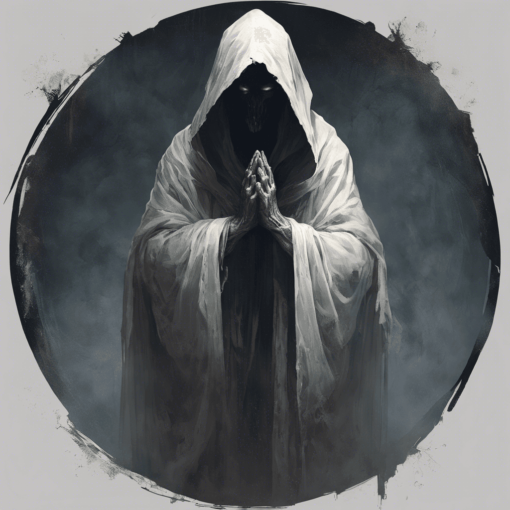 A spectral figure wrapped in tattered monastic robes, its face obscured by a deep hood. Ethereal light faintly radiates from its form, and its hands are clutched in prayer, only to reveal sharp, ghostly claws.